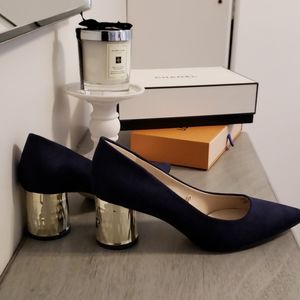 Zara Navy Blue Suede-Feel Pumps Gold Block Heels